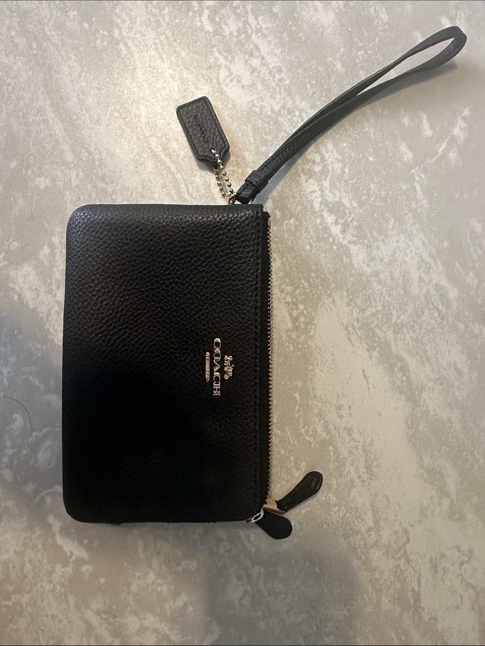 Coach Black Pebbled Leather Zip Wristlet with Gold Logo and hardware